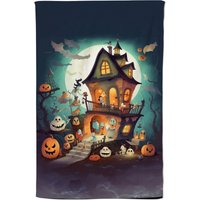 Warren Reed - Designer Illustrations A Whimsical Haunted House Tea Towel in Orange