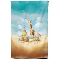 Warren Reed - Designer Giraffe On A Beach Holiday Tea Towel in Yellow