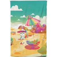 Warren Reed - Designer Kitten On A Beach Holiday Tea Towel in Yellow