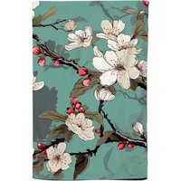 Warren Reed - Designer Pink Blossom Asian Design Tea Towel in Green