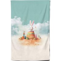 Warren Reed - Designer White Rabbit On A Beach Holiday Tea Towel in Yellow