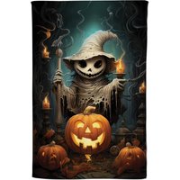 Warren Reed - Designer Creepy Ghost With Pumpkins Tea Towel in Orange