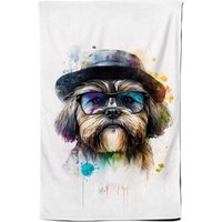 Warren Reed - Designer Lhasa Apso Dog With Glasses Splashart Tea Towel