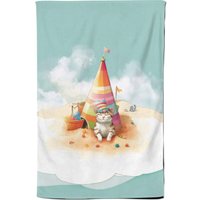 Warren Reed - Designer Cat On A Beach Holiday Tea Towel in Yellow