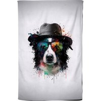 Warren Reed - Designer Border Collie Dog With Glasses Splashart Tea Towel