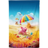 Warren Reed - Designer Pig On A Beach Holiday Tea Towel in Yellow