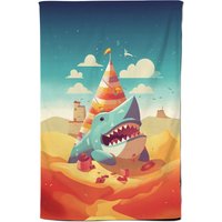 Warren Reed - Designer Shark On A Beach Holiday Tea Towel in Yellow