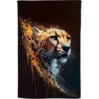 Warren Reed - Designer Cheetah Face Splashart Dark Background Tea Towel in Yellow
