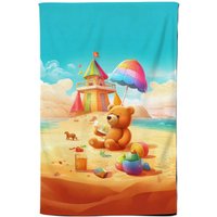Warren Reed - Designer Bear On A Beach Holiday Tea Towel in Yellow