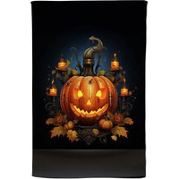 Warren Reed - Designer Spooy Pumpkin With Leaves & Small Candles Tea Towel in Orange