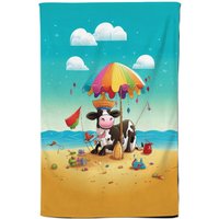 Warren Reed - Designer Cow On A Beach Holiday Tea Towel in Yellow