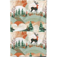 Warren Reed - Designer Reindeer On A Snowy Landscape Pattern Tea Towel in Green
