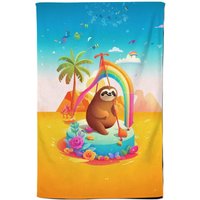 Warren Reed - Designer Sloth On A Beach Holiday Tea Towel in Yellow