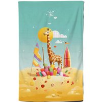 Warren Reed - Designer A Giraffe On A Beach Holiday Tea Towel in Yellow