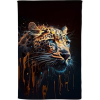 Warren Reed - Designer Leapoard Face Splashart On Dark Background Tea Towel in Yellow