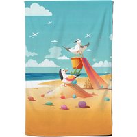 Warren Reed - Designer Seagulls On A Beach Holiday Tea Towel in Yellow