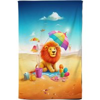 Warren Reed - Designer Lion On A Beach Holiday Tea Towel in Yellow