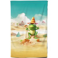 Warren Reed - Designer Happy Frog On A Beach Holiday Tea Towel in Yellow
