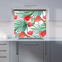 Warren Reed - Designer Tropical Flowers, Palm Leaves Hawaiian Kitchen Splashback in Green | Size: 700mm x 650mm