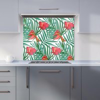 Warren Reed - Designer Tropical Flowers & Palm Leaves Kitchen Splashback in Green | Size: 900mm x 750mm