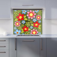 Warren Reed - Designer Red & Blue Flowers Kitchen Splashback in Green | Size: 900mm x 750mm