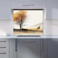 Warren Reed - Designer Autumn Landscape Stag Watercolour Kitchen Splashback in Brown | Size: 600mm x 600mm