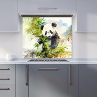Warren Reed - Designer Panda Eating Bamboo Watercolour Kitchen Splashback in Brown | Size: 700mm x 750mm