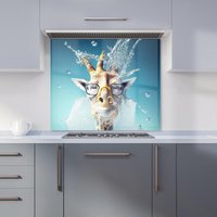 Warren Reed - Designer Giraffe With Glasses Splashart Kitchen Splashback in Blue | Size: 600mm x 650mm