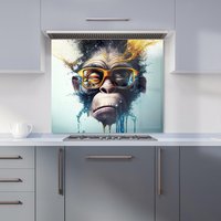 Warren Reed - Designer Monkey With Glasses Splashart Kitchen Splashback in Blue | Size: 600mm x 600mm