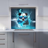 Warren Reed - Designer Panda With Glasses Splashart Water Kitchen Splashback in Blue | Size: 700mm x 750mm
