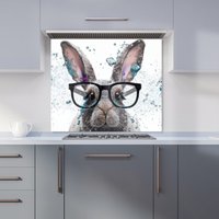 Warren Reed - Designer Rabbit With Glasses Splashart Kitchen Splashback in Grey | Size: 600mm x 650mm