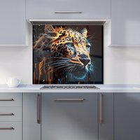 Warren Reed - Designer Leapoard Face Splashart, Dark Background Kitchen Splashback in Yellow | Size: 600mm x 750mm