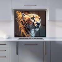 Warren Reed - Designer Cheetah Face Splashart Dark Background Kitchen Splashback in Yellow | Size: 900mm x 650mm