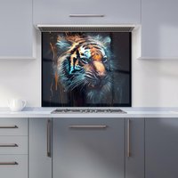 Warren Reed - Designer Tiger Face Splashart Dark Background Kitchen Splashback in Brown | Size: 600mm x 750mm
