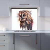 Warren Reed - Designer Tawny Owl Face Splashart Light Background Kitchen Splashback in Brown | Size: 700mm x 650mm