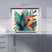 Warren Reed - Designer Green Orange Tropical Leaves Kitchen Splashback | Size: 900mm x 650mm