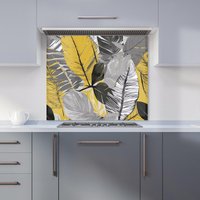 Warren Reed - Designer Grey Yellow Floral Leaves Kitchen Splashback | Size: 600mm x 650mm
