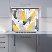Warren Reed - Designer Yellow Grey Feather Leaves Kitchen Splashback | Size: 900mm x 650mm
