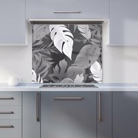 Warren Reed - Designer Black White Tropical Leaves Kitchen Splashback in Grey | Size: 700mm x 650mm