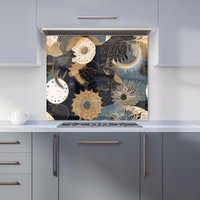 Warren Reed - Designer Abstract Blue Gold Moon Sun Kitchen Splashback in Yellow | Size: 600mm x 600mm