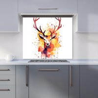 Warren Reed - Designer Watercolour Stag Face Kitchen Splashback in Orange | Size: 600mm x 600mm