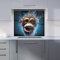 Warren Reed - Designer Splashart Cheeky Chimp Face With Glasses Kitchen Splashback in Blue | Size: 600mm x 600mm