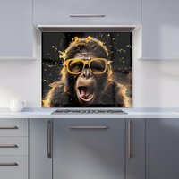 Warren Reed - Designer Splashart Monkey Face With Yellow Glasses Kitchen Splashback in Orange | Size: 600mm x 650mm
