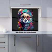 Warren Reed - Designer Multi Coloured Splashart Dog With Glasses Kitchen Splashback in Blue | Size: 600mm x 750mm