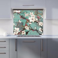 Warren Reed - Designer Pink Blossom Asian Design Kitchen Splashback in Green | Size: 700mm x 650mm