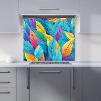 Warren Reed - Designer Bright Colourful Leaves Kitchen Splashback in Blue | Size: 900mm x 750mm