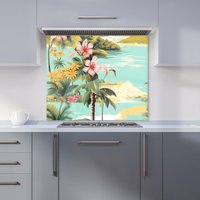 Warren Reed - Designer Palm Trees & Hibiscus Kitchen Splashback in Green | Size: 900mm x 750mm