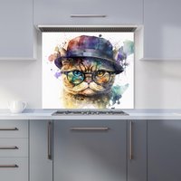 Warren Reed - Designer Shorthair Cat With Glasses Splashart Kitchen Splashback | Size: 900mm x 750mm
