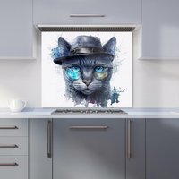 Warren Reed - Designer Russian Blue Cat With Glasses Splashart Kitchen Splashback | Size: 600mm x 650mm