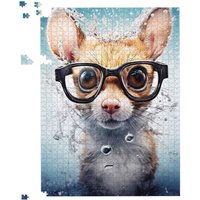 Warren Reed - Designer Splashart Doormouse With Glasses Jigsaw Puzzle in Blue | Size: 1000 Pieces
